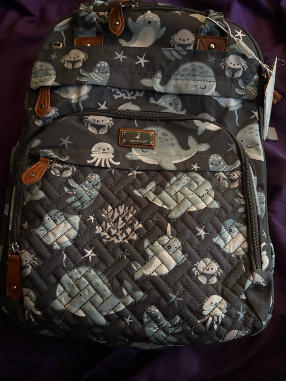 Whale & Sea Creature Quilted Backpack in Slate Blue